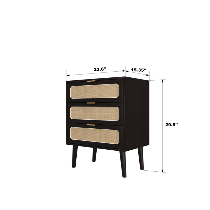 Commode en bois manufacturé et solide à 3 tiroirs l 23,6 po Harmony-Ellie, Noir