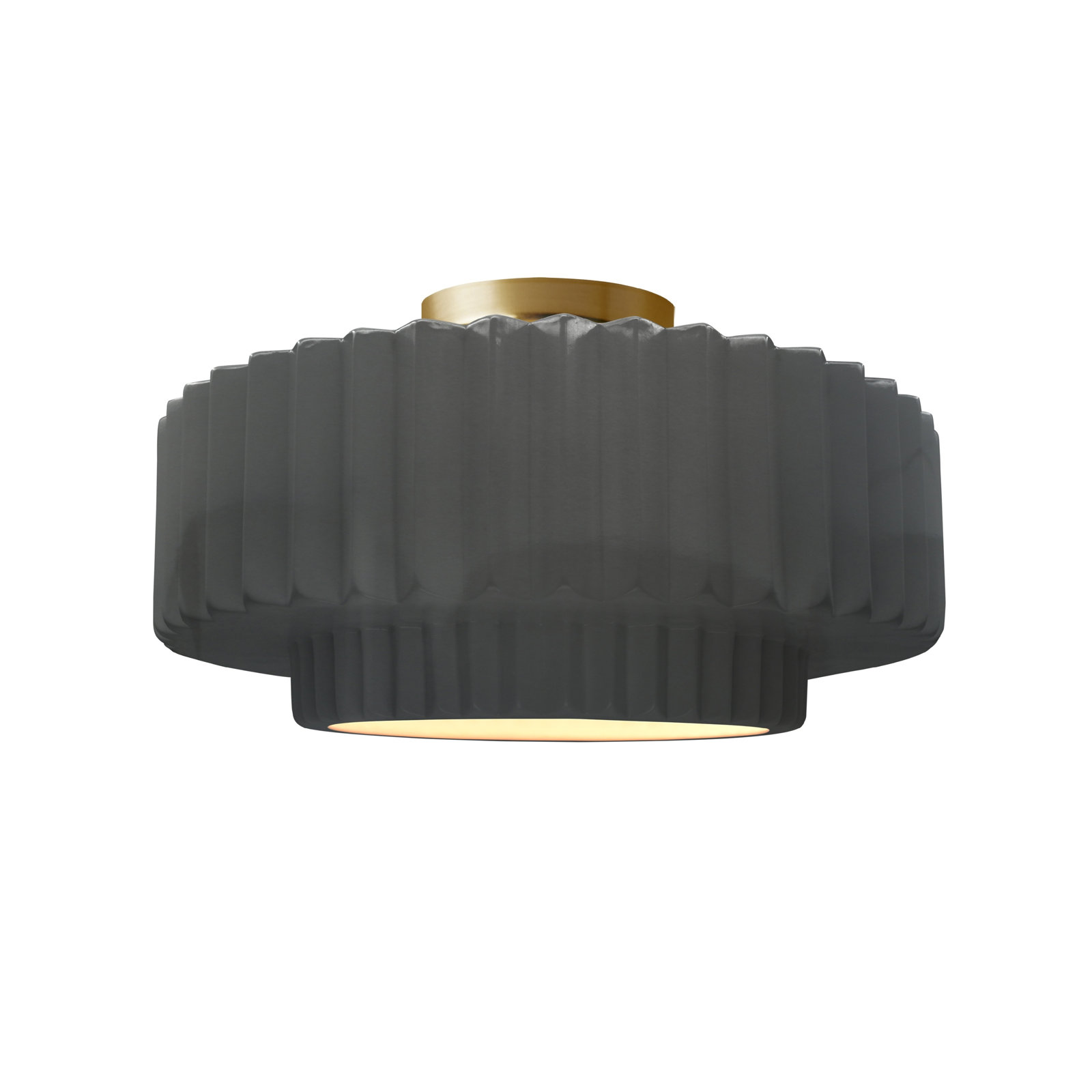 Single Light Ceramic LED Semi Flush Mount, 7.25" H x 14.5" W x 14.5" D, Gloss Gray, Brushed Brass