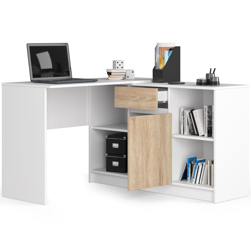 Eldur L-Shaped Computer Desk, White/Sonoma Oak
