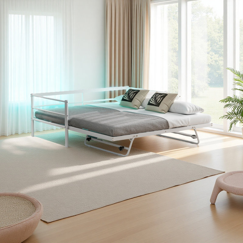 Lit de jour simple en métal avec DEL et lit gigogne réglable