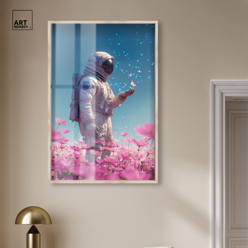 Art mural astronaute, art étoilé, encadré 31 po x 46 po, 46" H x 31" W, Blonde Frame