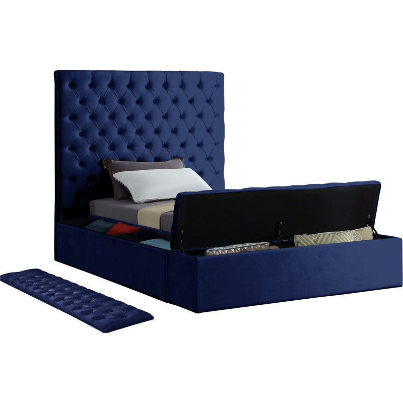 Lit plateforme tapissier avec rangement Johnnay, Velours marine, Simple