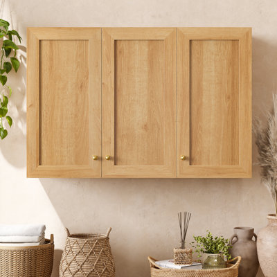 35.4" W Wall Mounted Storage Cabinet – 5 Adjustable Shelves, Soft-Close Hinges, Oak Finish for Bathroom, Kitchen, Living Room & Entryway