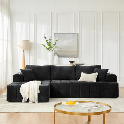 Canapé modulaire en L en chenille, canapé désossé de style nuage avec méridienne, canapé rembourré moderne avec porte-gobelets et poches latérales, canapé à compression pour le salon, aucun assemblage requis