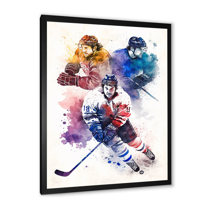 Trois joueurs de hockey pendant la partie I - Impression sur toile, Impression noire sur toile encadrée