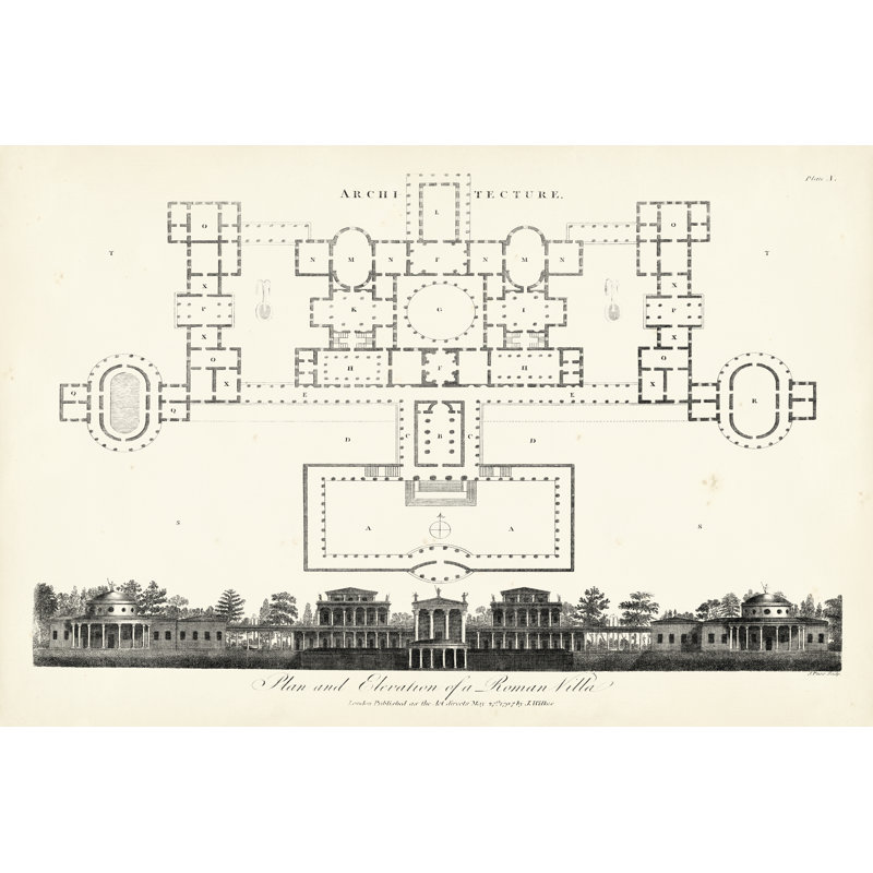 Plan & Elevation For A Roman Villa by J. Wilkes - Wrapped Canvas Art Prints, 20cm H x 30cm W