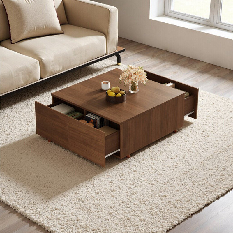Table basse 33,25 "carrée avec 4 tiroirs - Rangement moderne noyer, Noyer