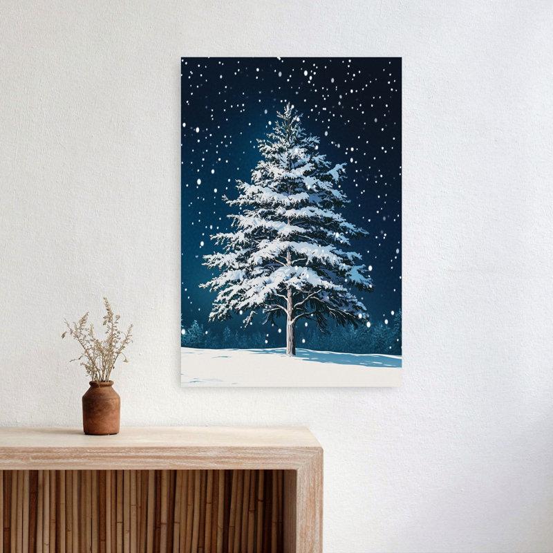 Snowy Winter Night Peaceful Serene Tranquil Christmas Tree Pine Tree Forest Landscape Wall Art Print 1 Piece Wrapped Canvas Wall Art