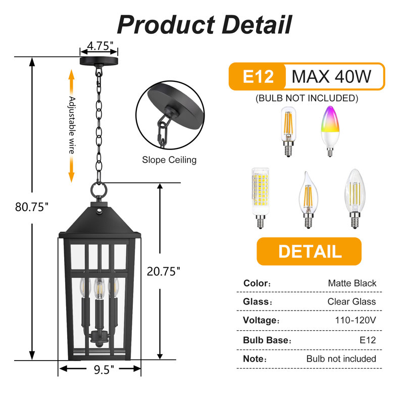 3 - Light 21''H Adjustable Black Iron ETL Outdoor Hanging Lights with Clear Tempered Glass and Dusk to Dawn, Matte Black