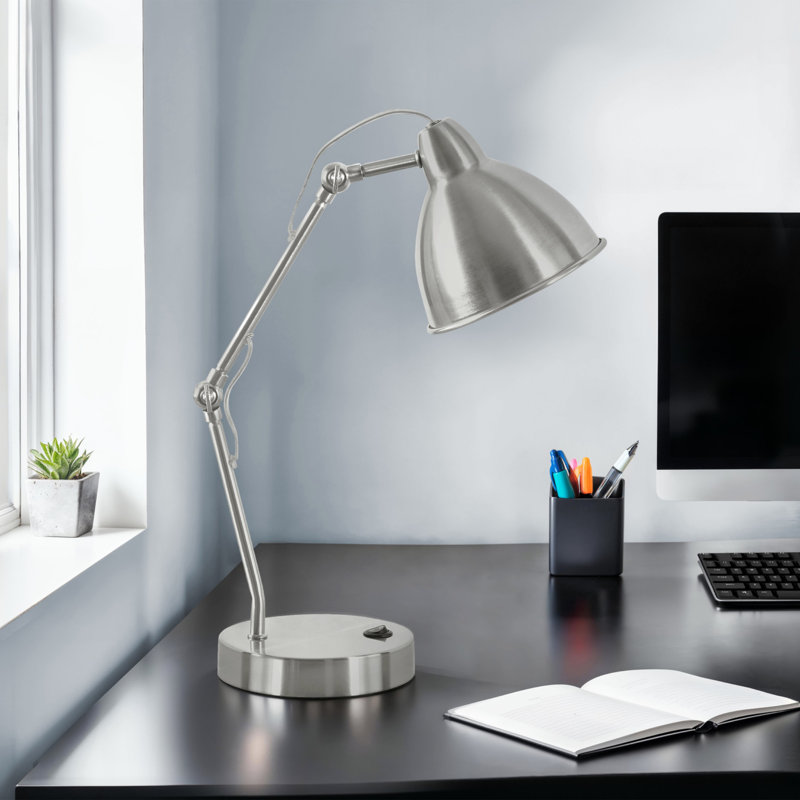 H 17 po, lampe de table, port USB inclus, nickel métallique, abat-jour en nickel, moderne, éclairage, lampe de table