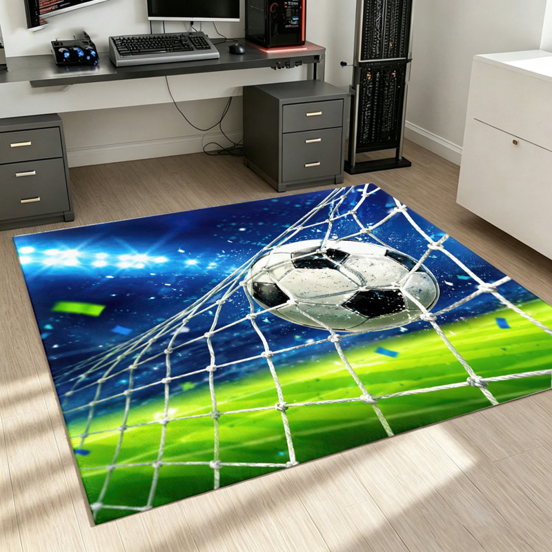 Dynamic Football Goal Area Rug, Soccer Theme Room Decor, Sports Fan Living, Indoor Floor Mat for Bedroom, Playroom, Gaming, Man Cave, Gifts