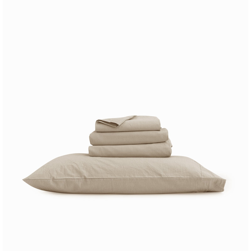 BESTOUCH Sheet Set 100% Washed Cotton Linen Feel Lightweight, Almond Milk Gray, Queen Sheet Set with 2 Pillowcases