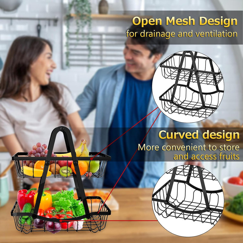 Panier à fruits à 2 niveaux pour la cuisine, bol à fruits amovible pour comptoir de cuisine, support de rangement en métal pour fruits et légumes, panier à fruits avec poignée en bois, organisateur de pain et collation