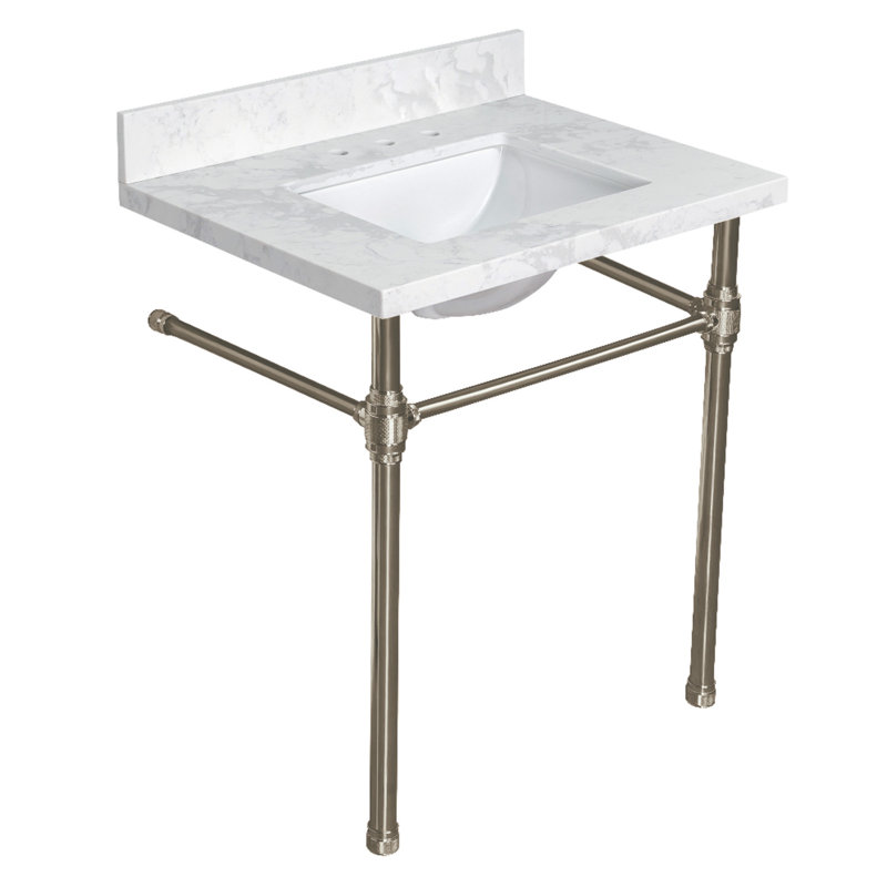 Kingston Brass Mayorca 31-Inch Quartz Console Sink with Brass Legs (8-Inch, 3-Hole), Quartz White/Brushed Nickel