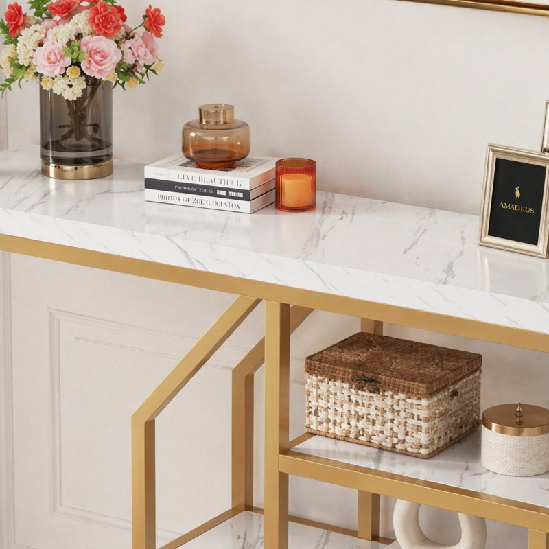 Table d'appoint 70,9 po, canapé doré moderne derrière le canapé avec rangement à 4 niveaux, table d'appoint en faux marbre blanc pour le salon, le couloir et l'entrée