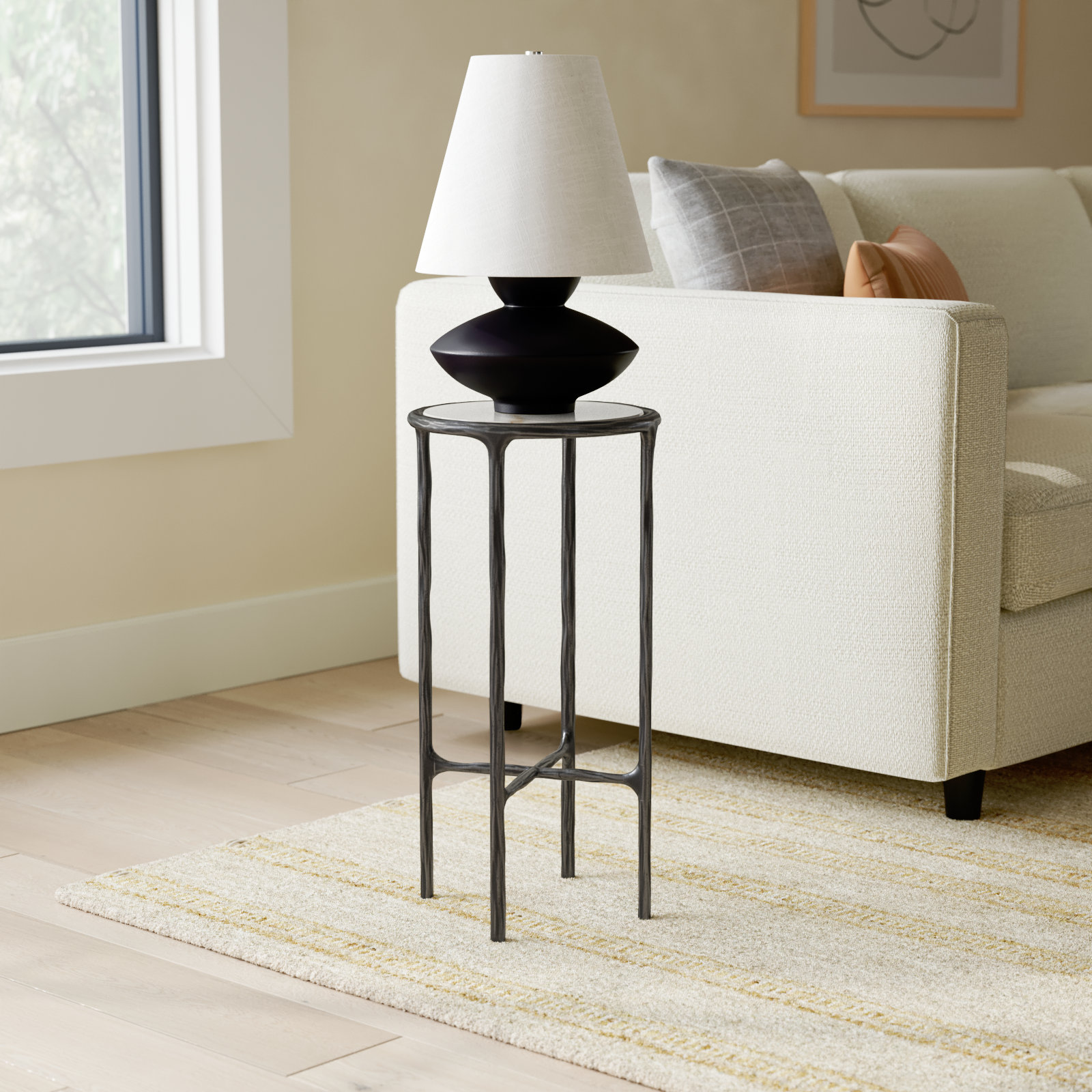 Evelynn Glass Cross Legs End Table, White Marble Top/Black Base