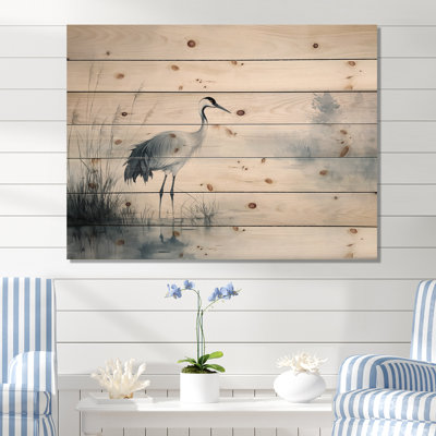 Crane dans un étang brumeux III - Décoration murale animal en héron - sur bois de pin naturel