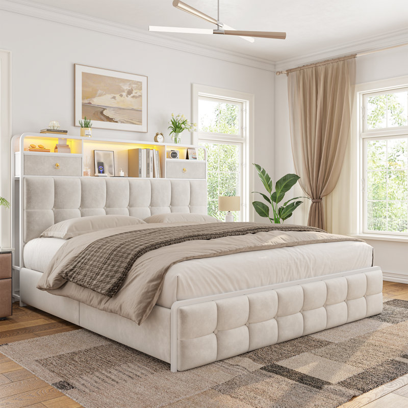 Lit tapissier , Beige, Grand lit