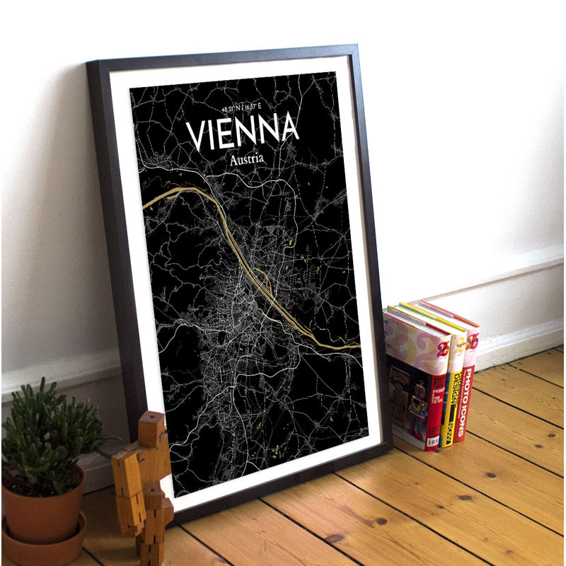 Vienna City Map - Unframed Graphic Art Print on Paper, 43.2cm H x 27.9cm W x 0.13cm D, Black/Red