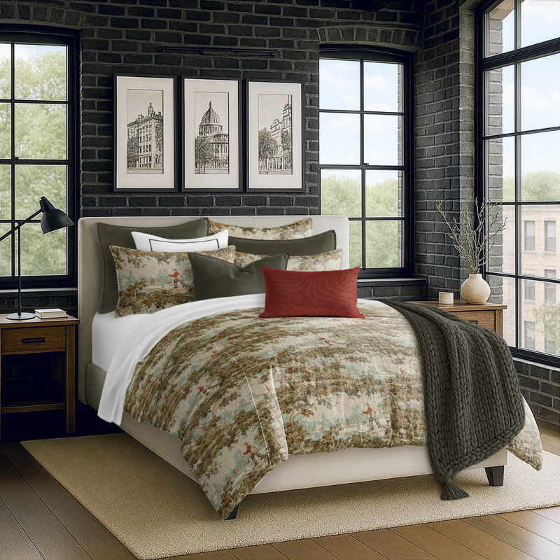 Greenwood Ivory/Red Linen Duvet Cover Set, Full/Double Duvet + 2 Standard Shams