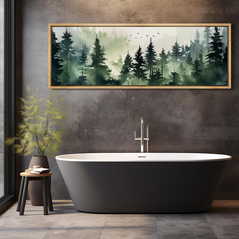Forêt boisée, forêt brumeuse, aquarelle, pins tranquilles avec oiseaux, H 20 po x l 60 po, Naturel