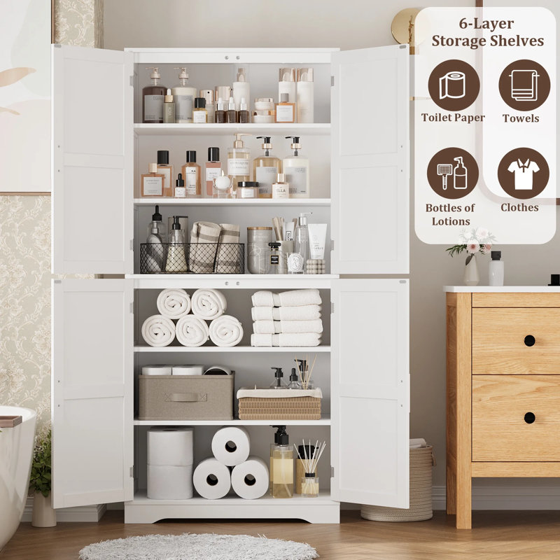 71.3" Freestanding Linen Storage Cabinet, Bathroom Cabinet (Handle Upgraded), White