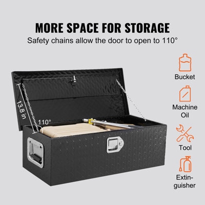 Coffre à outils robuste en aluminium pour benne de camion, 76 x 33 x 24,5 cm, en tôle larmée, avec poignée latérale et serrure à clé, idéal pour le rangement dans une camionnette, un VR, une remorque ou une benne de camion, noir.