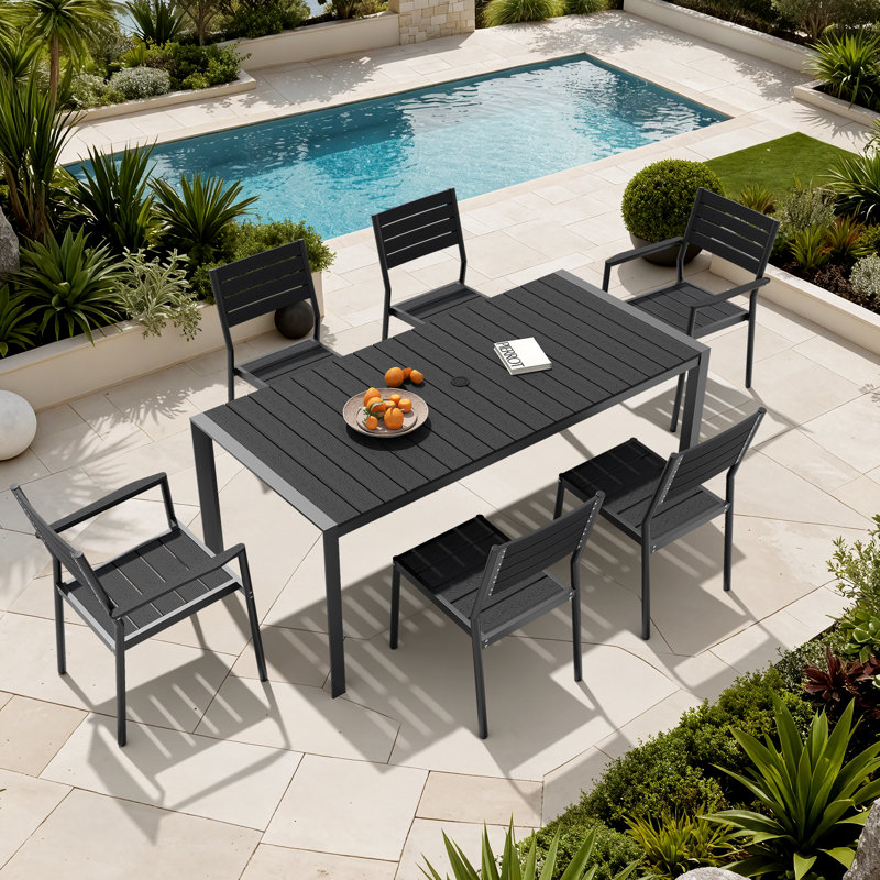6 - Person Aluminum Patio Dining Set With Stackable Armchairs And Armless Chairs, Black