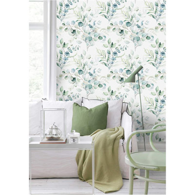 Papier peint à peler et coller - motif floral feuille d'eucalyptus vert bohème, 17,7 po x 32,8 pi, auto-adhésif, amovible, lavable, finition mate texturée, installation facile pour la décoration intérieure