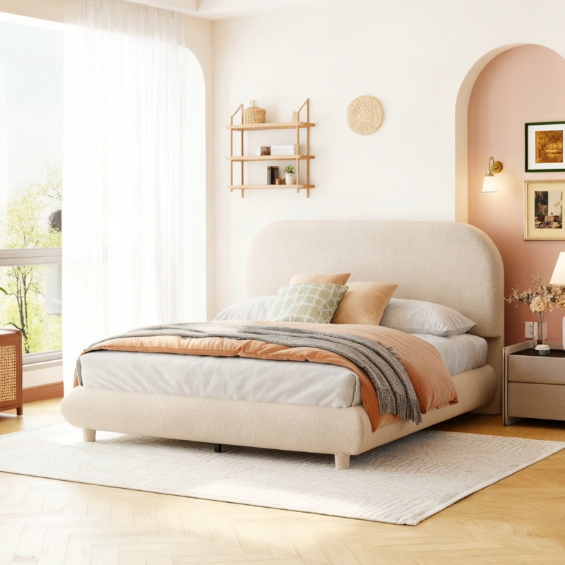 Lit plateforme en tissu d'ameublement Teddy, Beige, Double