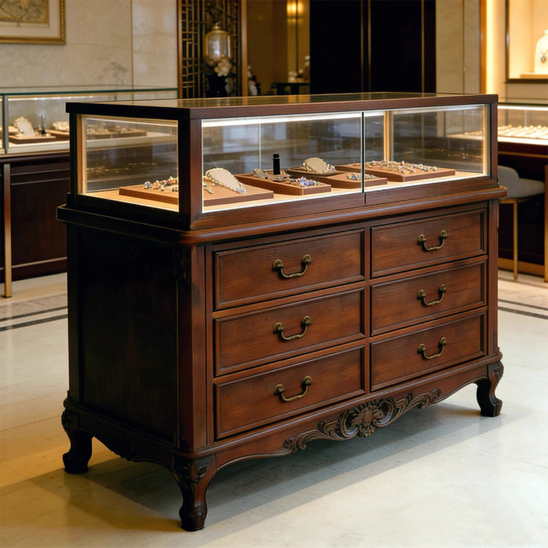 Armoire de rangement pour bijoux en bois massif noisette avec compartiments de style tiroir