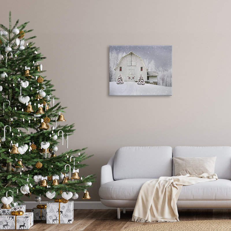 Blanc, hiver, champ de neige, grange, paysage de Noël confortable, estampe numérique encadrée noire, art texturé par Lori Deiter