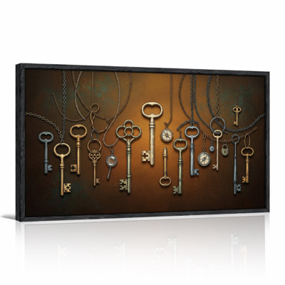Vintage Brass And Silver Skeleton Keys With Compasses Canvas Wall Art