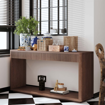 Console cannelée moderne 60 po à 2 tiroirs avec placage en bois pour le salon, le couloir, l'entrée et le bureau personnel