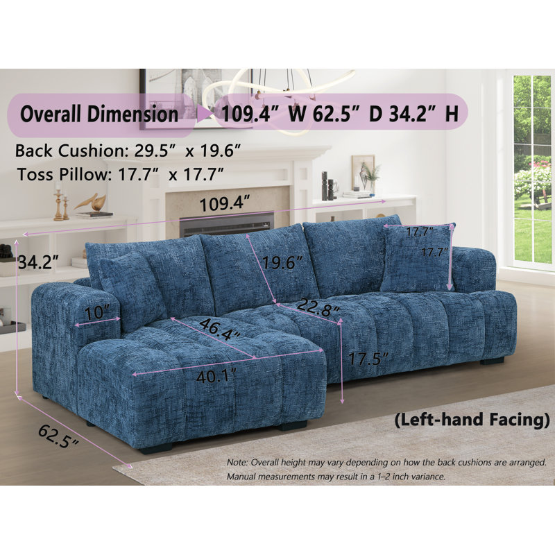 Modern Tufted Sectional Right-chaise Sofa , Orienté à gauche (vu de face), Chenille bleu, H 34,2 po x l 109,4 po x P 62,5 po