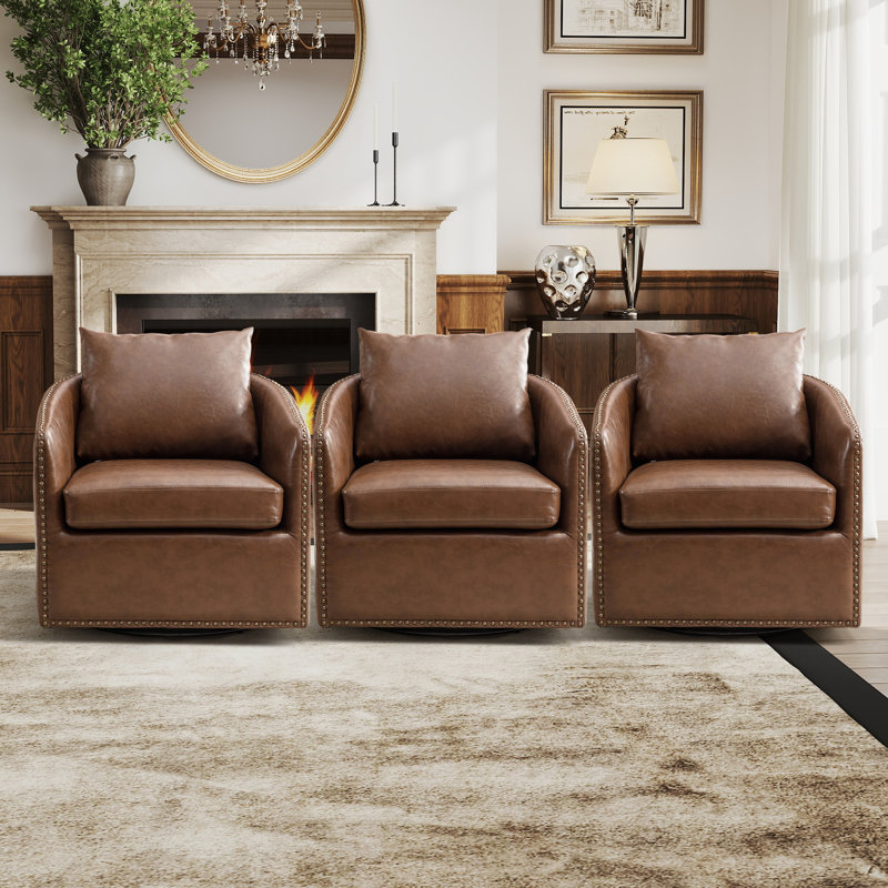  27.6" Wide Modern Soft Upholstered Nailhead Trim Removable Cushion Recessed Arm Barrel Chair With Swivel (Set of 3)