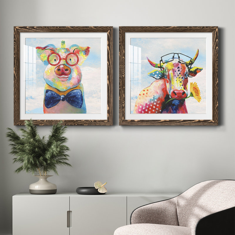 Groovy Pig and Sky - ensemble de 2 peintures, Papier, cadre noyer, H 71 po x l 71 po x P 1,5 po