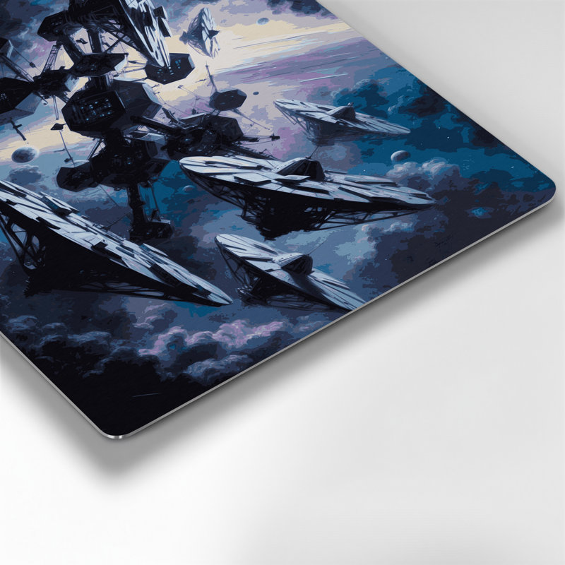 «Space Space station silhouettes», art mural en métal gris, H 240 po x l 288 po x P 0,05 po