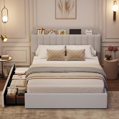 Queen Bed Frame with 2 Flexible Drawers and Bookcase Headboard, Boucle Upholstered Platform Bed for Boys/Girls