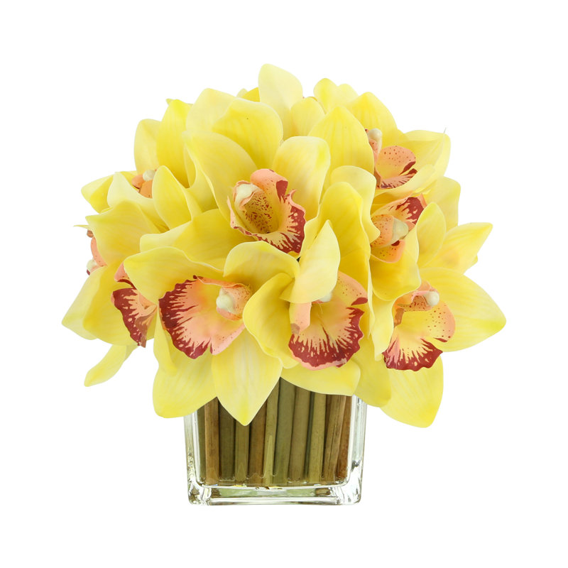 Orchids Arranged in Bamboo-Filled Glass Vase, Yellow