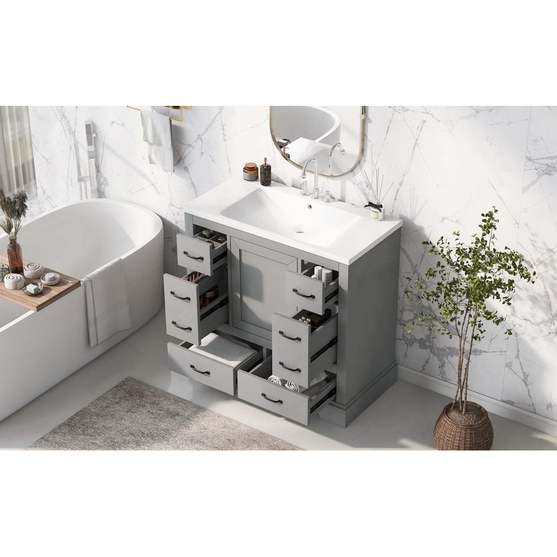 Ensemble de meuble-lavabo 36 po avec évier, six tiroirs, diviseur de tiroir multifonctionnel, tablette réglable, Gris, Noir