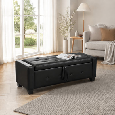 Banc de rangement avec repose-pieds noir, banc d'entrée long en similicuir avec rangement caché pour le salon de la chambre à coucher