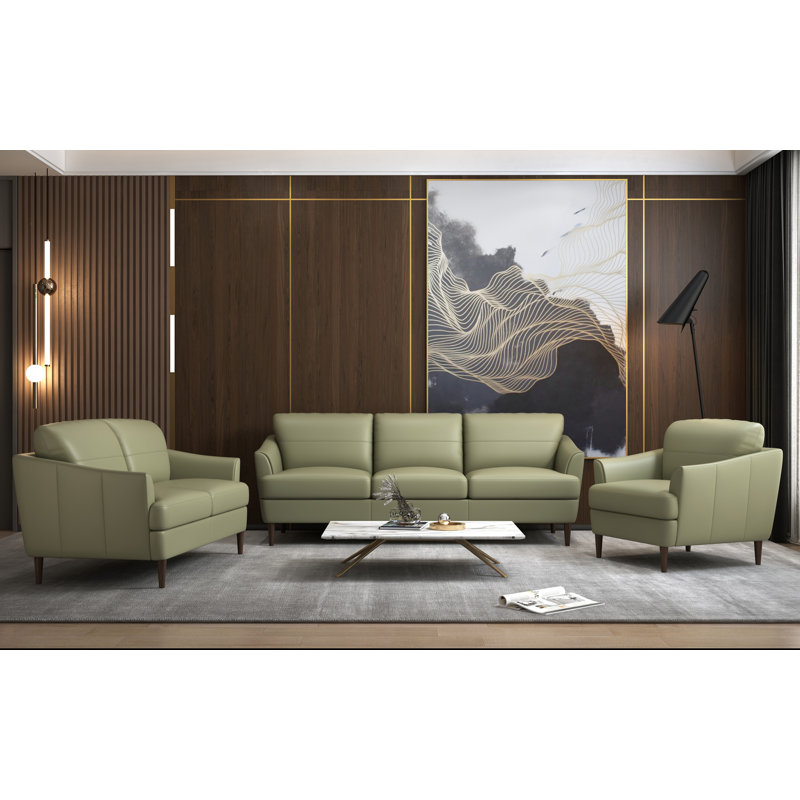 Bova Recessed Real Leather Loveseat, Moss Green Genuine Leather