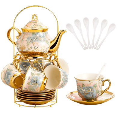 European Hand-Painted Floral Ceramic Tea Set, 23 oz Teapot, 6 oz Cups (Blue and Pink)