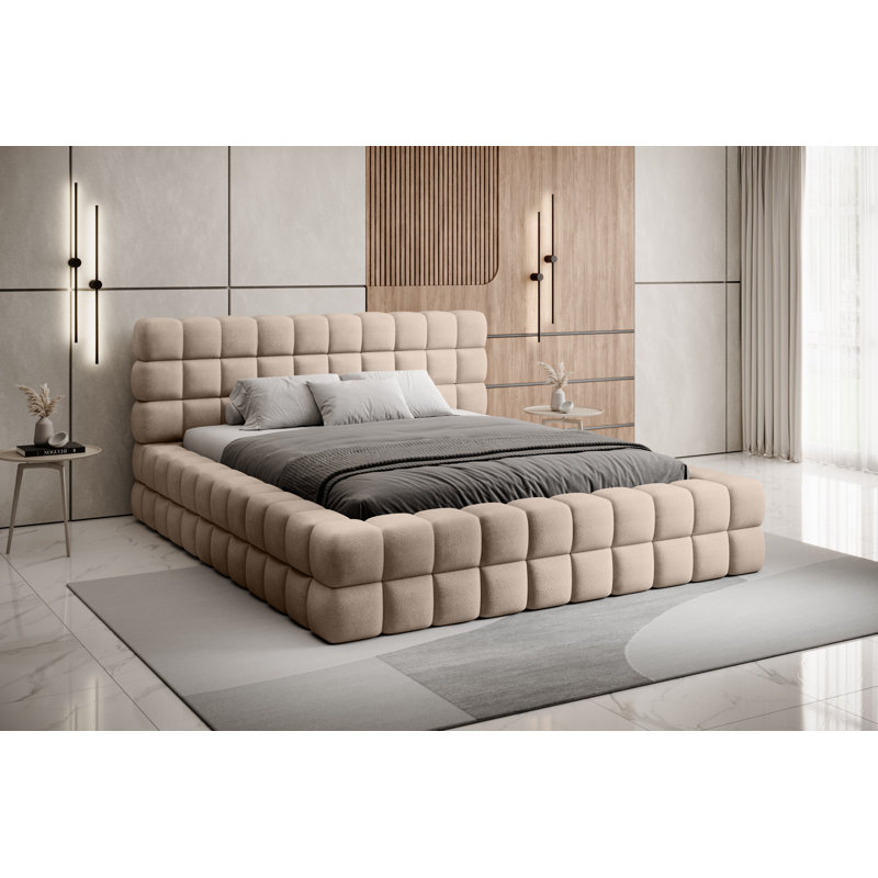Monzerat Upholstered Bed with Mattress, Beige, European Kingsize (160 x 200cm)