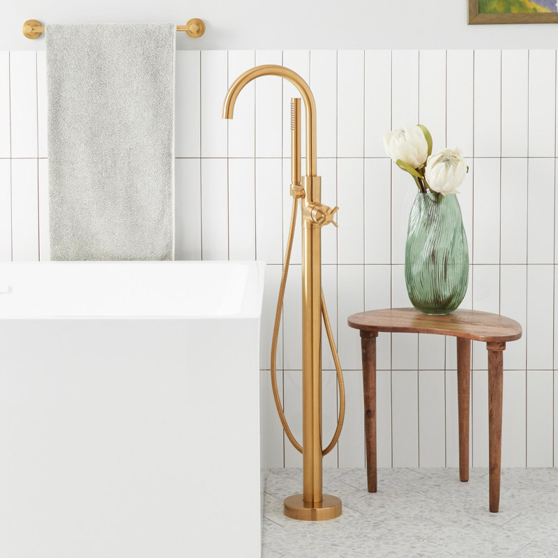 Vassor Floor Mounted Tub Filler Faucet with Hand Shower, Brushed Gold