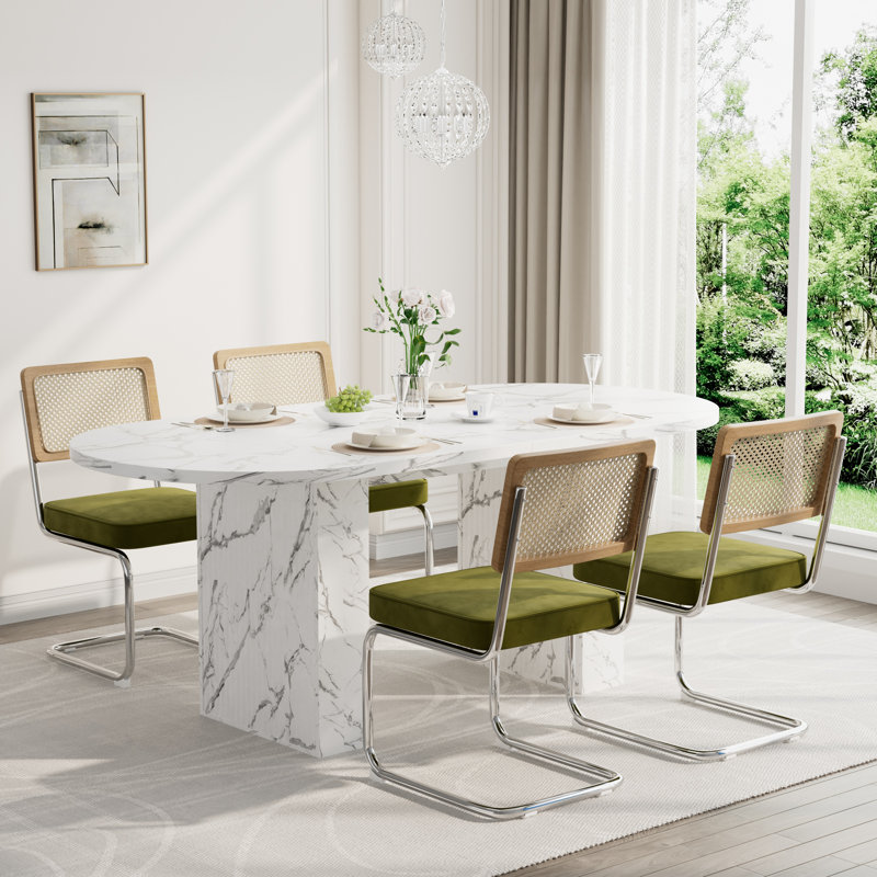 Modern Oval Pedestal Dining Table Sets, 5 Pieces: Table, 4 Chairs, Olive Green, White