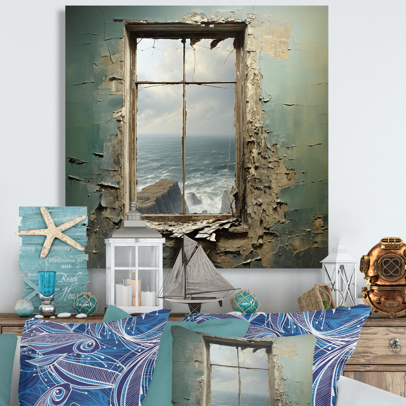 Cliffside Window View Gaze - Art mural de fenêtres côtières, H 16 po x l 16 po x P 1 po, Toile tendue