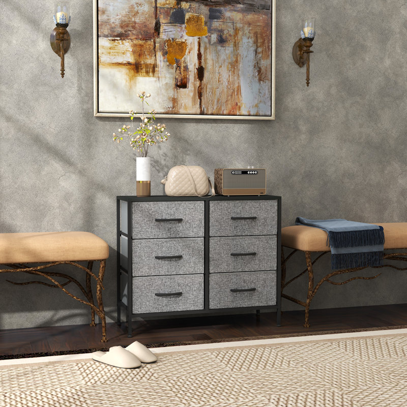  6 Drawer Fabric Chest of Drawers w/ Wooden Top for Hallway Black, Black