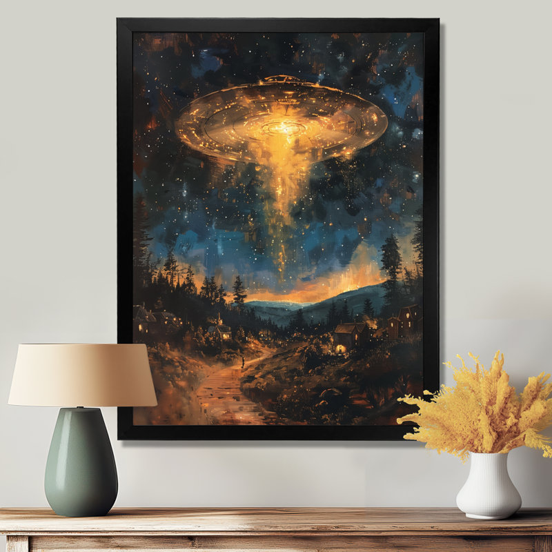 Jaune jaune bleu ciel visiteur Ufos - décoration murale Ufos, H 20 po x l 12 po x P 1 po, Cadre simple noir, bois massif